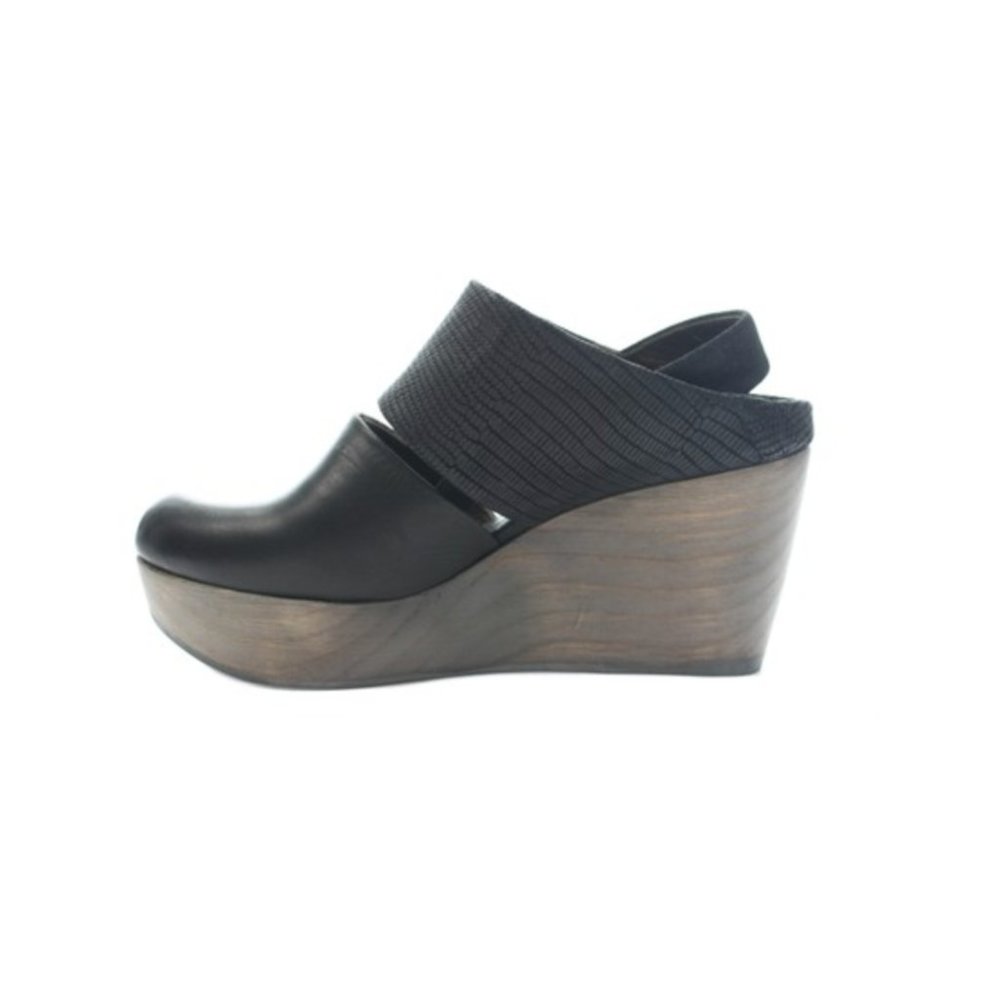 COCLICO Black Leather Wooden Wedge Clogs Size 8